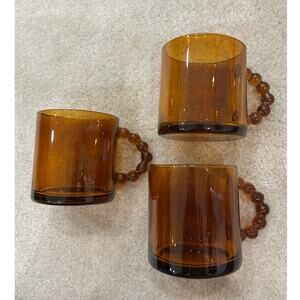 Amber honey brown glass mugs bubble ball handles vintage  3
